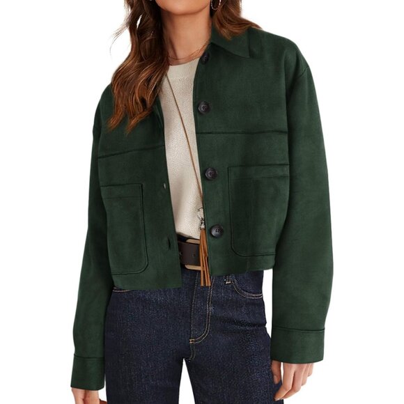 Jackets & Blazers - Women's Dark Green Faux Suede Cropped Jacket Casual Lightweight Fall Fashion